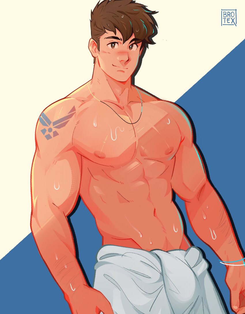 1boy abs artist_logo bara bracelet brotexbrotex brown_hair commentary highres jewelry looking_at_viewer male_focus muscular muscular_male necklace original pectorals smile symbol-only_commentary tattoo topless_male towel_around_waist two-tone_background wet