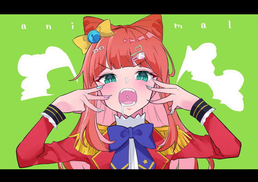 1girl aikatsu!_(series) aikatsu_stars! animal animal_(vocaloid) bell blunt_bangs blush bow brown_hair cone_hair_bun fang green_eyes hair_bell hair_bow hair_bun hair_ornament highres jingle_bell long_hair looking_at_viewer open_mouth orange_hair parody saotome_ako school_uniform simple_background smile yellow_bow youtoo12