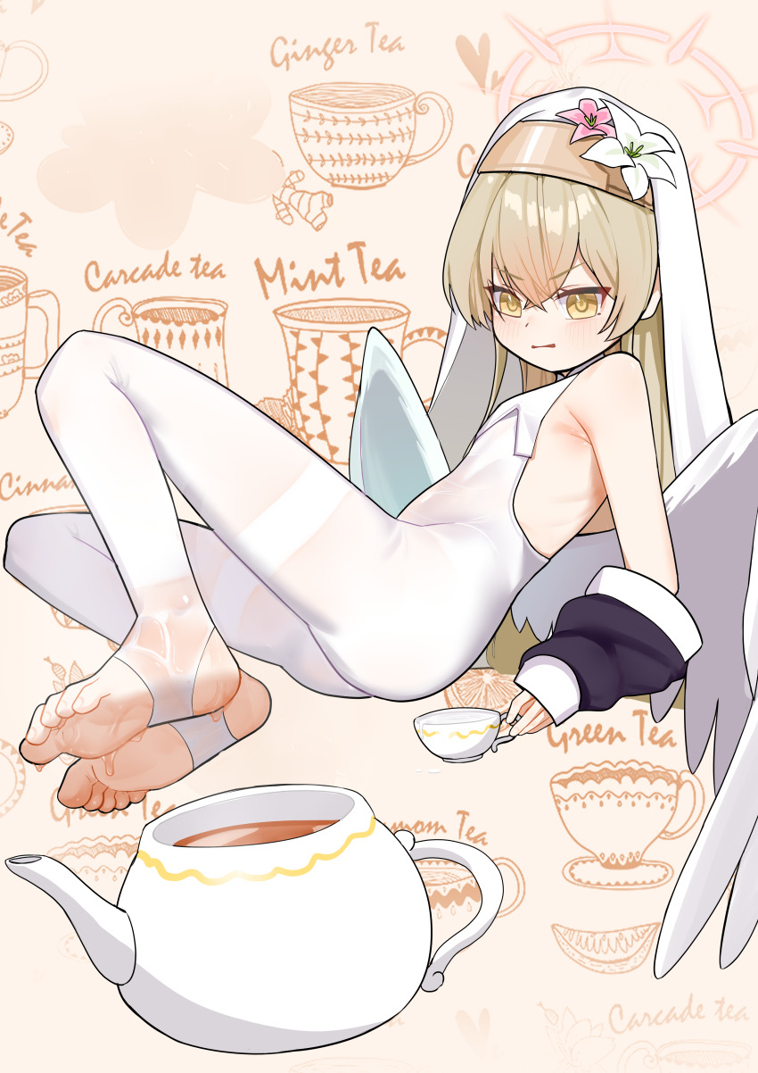 1girl absurdres aged_down barefoot blonde_hair blue_archive blush cup feet highres long_hair looking_at_viewer marshal_(artist) nagisa_(blue_archive) parted_lips soles stirrup_legwear teacup teapot toeless_legwear toes wings yellow_eyes