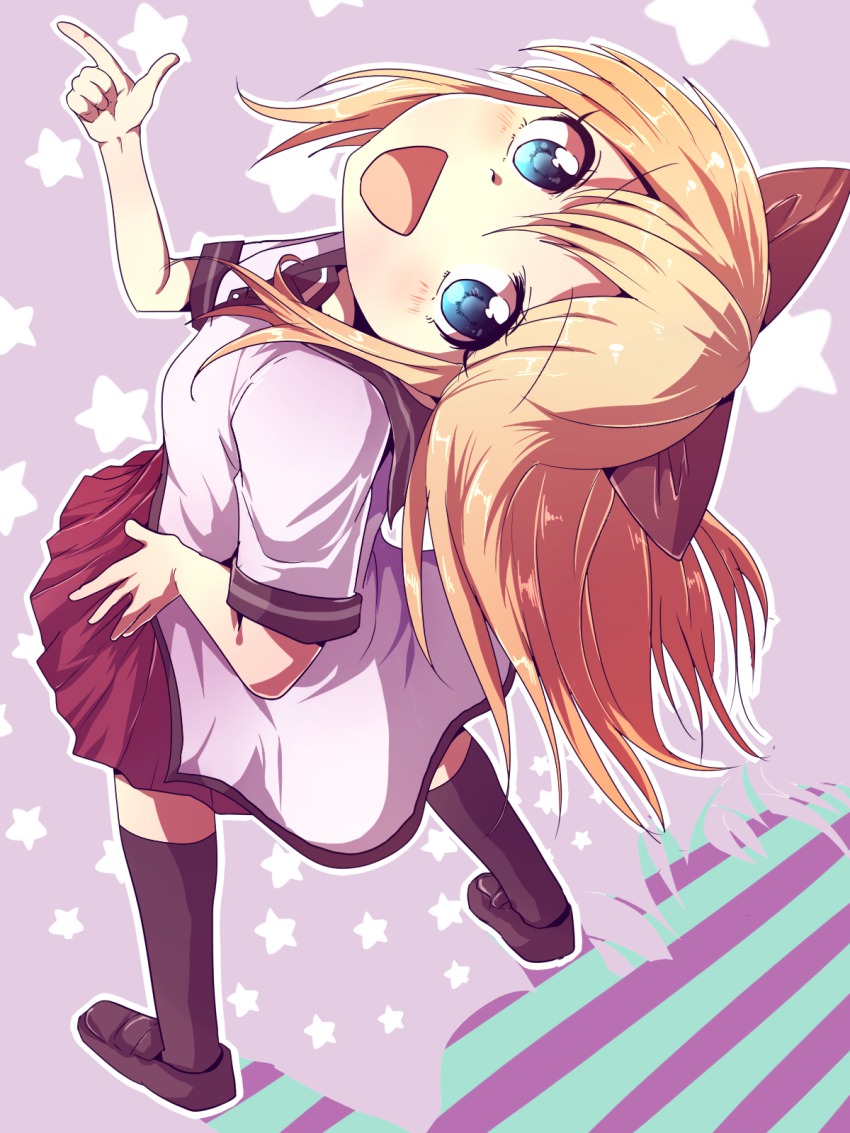 1girl :d black_socks blonde_hair blue_eyes bow female_focus hair_bow highres kneehighs long_hair matomero open_mouth school_uniform serafuku shadow shoes simple_background smile socks solo star_(symbol) striped_background toshinou_kyouko yuru_yuri