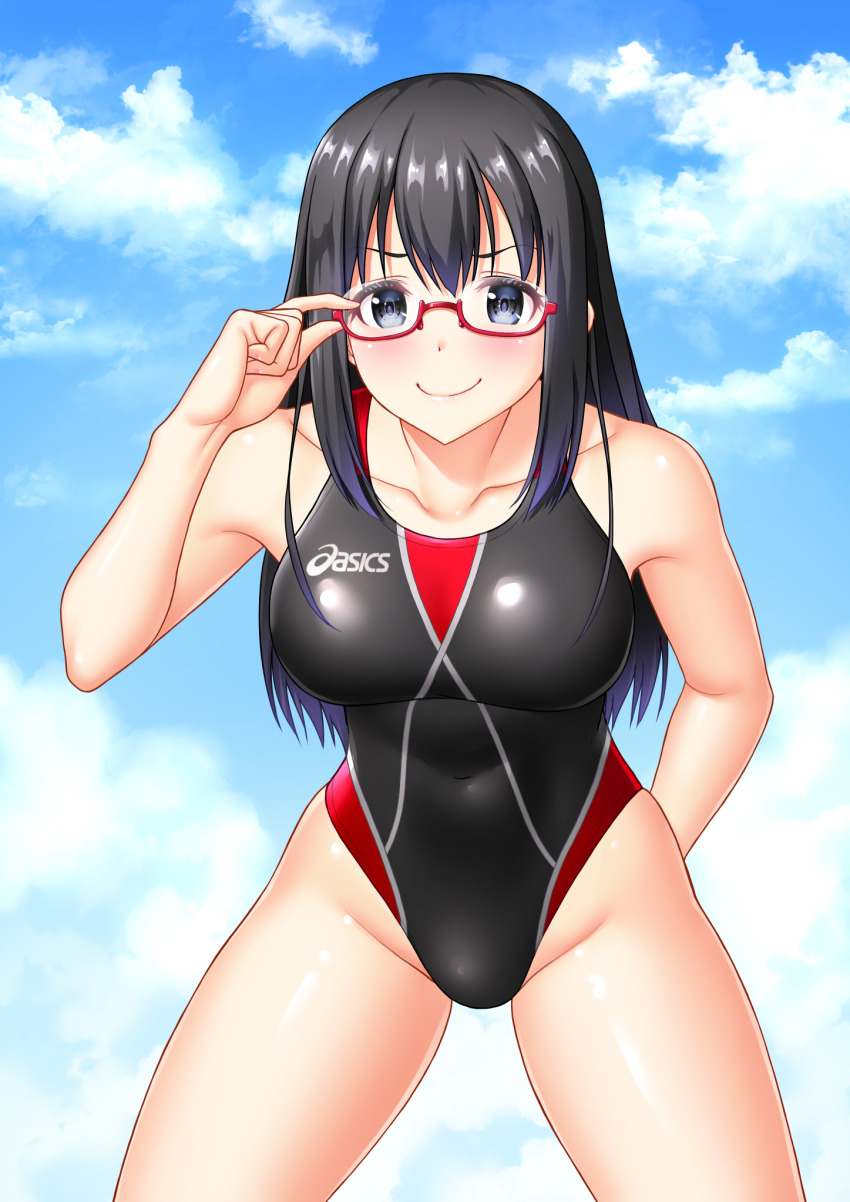 1girl adjusting_eyewear asics black_hair black_one-piece_swimsuit blue_eyes blue_sky breasts cloud collarbone commentary_request commission competition_swimsuit covered_erect_nipples curvy doyagao highres kuri_(kurigohan) large_breasts leaning_forward long_hair multicolored_swimsuit one-piece_swimsuit original pixiv_commission red-framed_eyewear sky smile smug solo swimsuit