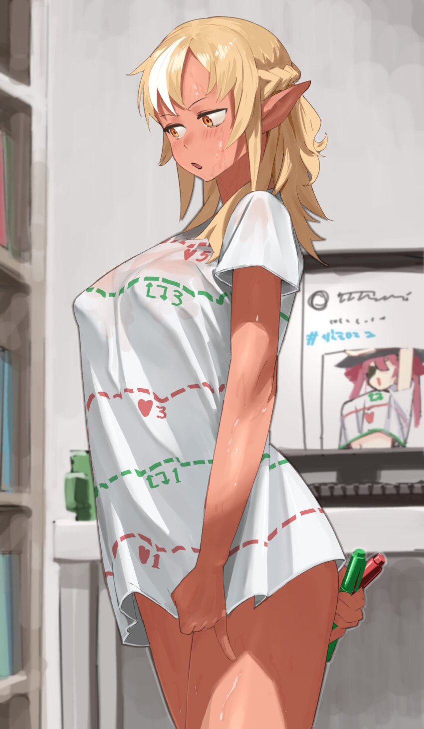 1girl alternate_costume arm_behind_back averting_eyes blonde_hair blush breasts commentary_request covering_crotch covering_privates cut-here_line dark-skinned_female dark_skin half_up_braid highres holding holding_marker hololive houshou_marine hug indoors large_breasts long_hair marker meme_attire monitor multicolored_hair naked_shirt no_bra no_pants official_alternate_hairstyle open_mouth orange_eyes pointy_ears see-through_clothes see-through_shirt shiranui_flare shirt shirt_tug sidelocks streaked_hair sweat t-shirt twitter twitter_cutting_game twitter_strip_game uzuradobin very_sweaty virtual_youtuber wet wet_clothes wet_shirt white_shirt