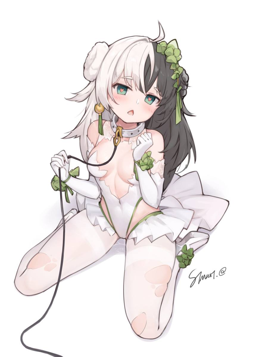 1girl ahoge bare_shoulders black_hair breasts chestnut_mouth collar double_bun eatchel_gustav elbow_gloves frills full_body gloves green_eyes hair_bun hair_ornament heart heart-shaped_pupils highleg highleg_leotard highres leash leotard long_hair looking_at_viewer medium_breasts multicolored_hair pantyhose shoes simple_background sitting snowbreak:_containment_zone solo stmast symbol-shaped_pupils thighband_pantyhose torn_clothes torn_pantyhose white_background white_collar white_footwear white_gloves white_hair white_leotard white_pantyhose