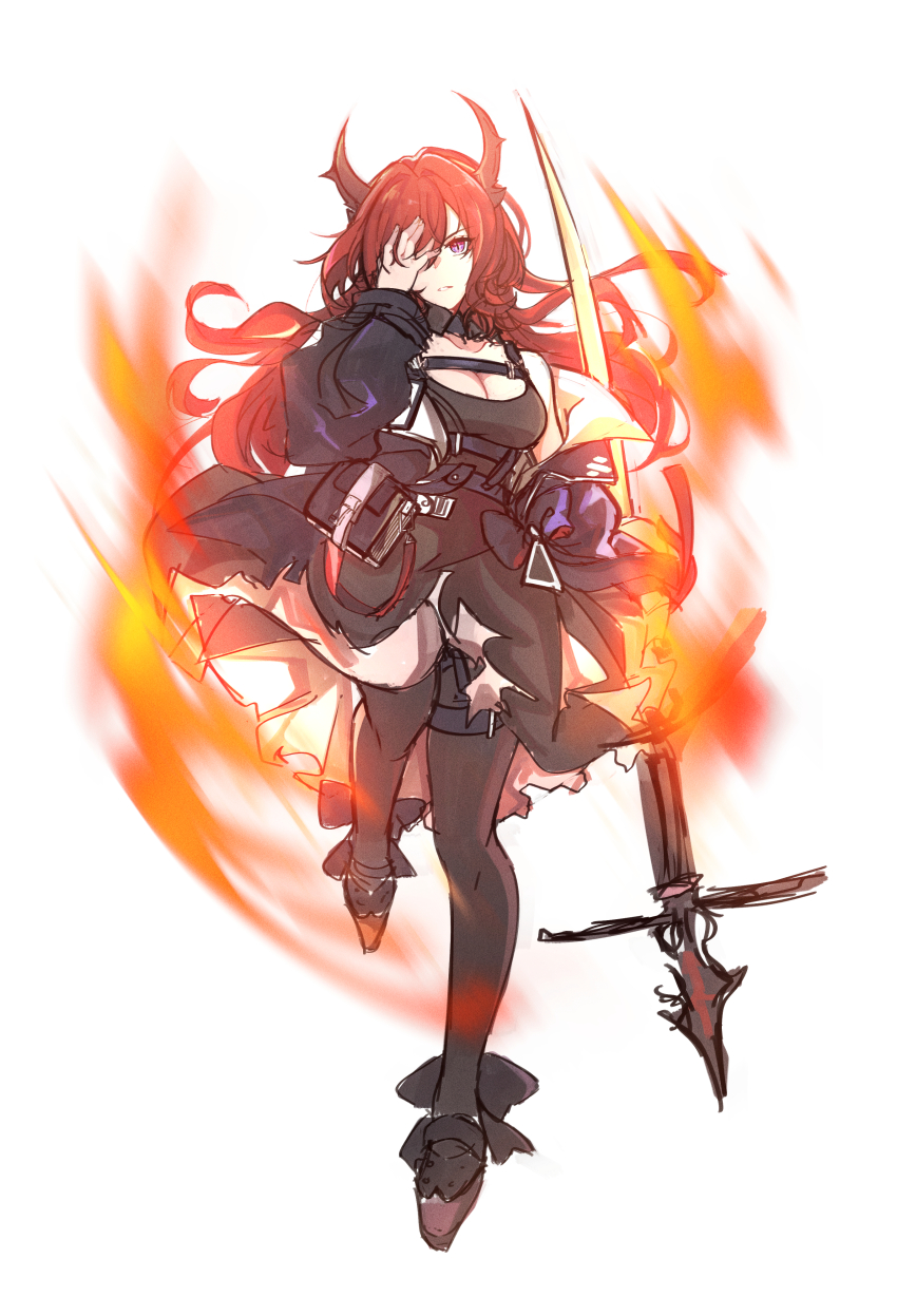 1girl absurdres arknights aura bare_shoulders belt black_dress black_footwear black_jacket black_thighhighs book breasts cheschorv cleavage demon_girl demon_horns dress floating_hair hand_on_own_face hand_up highres holding holding_sword holding_weapon horns jacket jacket_partially_removed long_hair looking_at_viewer medium_breasts red_hair slit_pupils solo surtr_(arknights) sword thighhighs weapon white_background