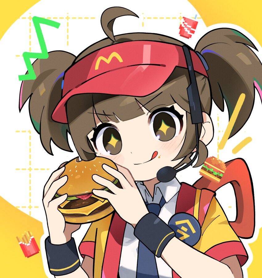 +_+ 1girl ahoge back_bow badge blush bow brown_hair burger button_badge commentary double_cheese_(mcdonald&#039;s) employee_uniform fast_food_uniform food food_on_face grey_eyes happi hat headset highres holding holding_burger holding_food japanese_clothes mcdonald&#039;s microphone morizo_(morizoshop) necktie open_happi outline pinstripe_pattern pinstripe_shirt red_bow red_hat shirt short_hair short_sleeves shorts smile solo striped_clothes striped_shirt tie_clip tongue tongue_out twintails two-tone_background upper_body visor_cap white_background white_outline yellow_background yellow_happi