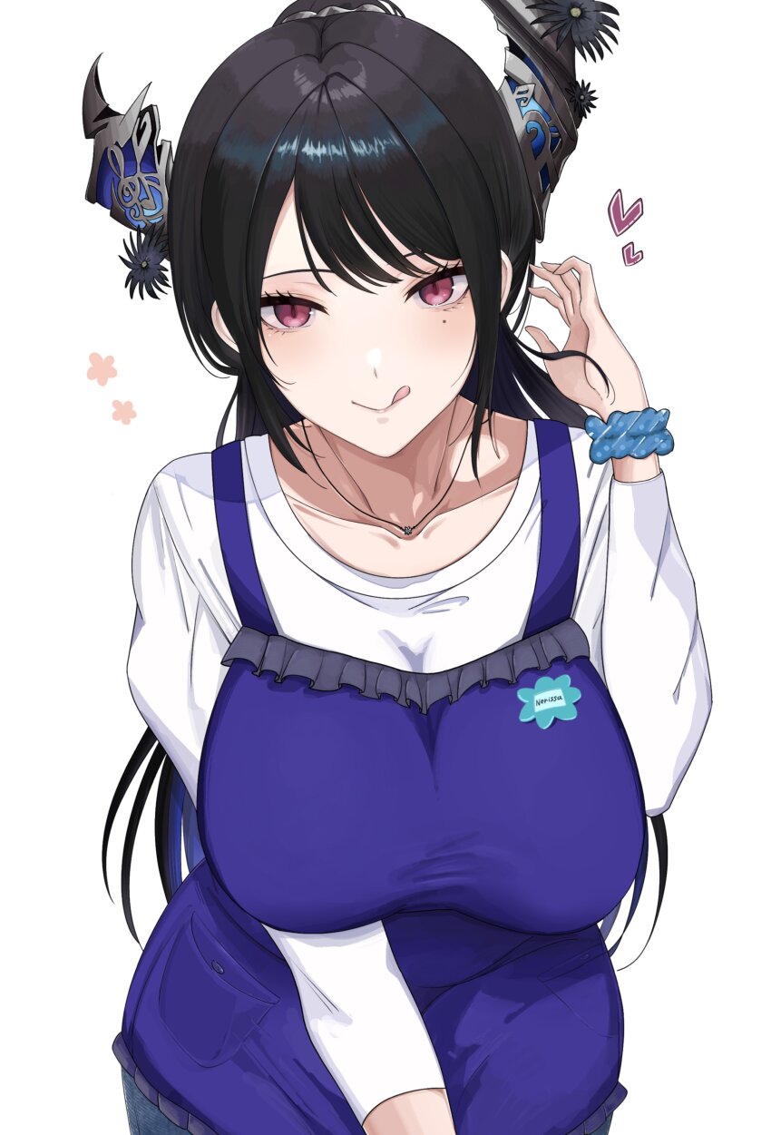 1girl absurdres apron asymmetrical_horns black_hair blue_apron blue_hair breasts collarbone cowboy_shot heart highres hololive hololive_english horns hyaui_kazuki large_breasts long_hair mole mole_under_eye multicolored_hair nerissa_ravencroft purple_eyes shirt simple_background solo tongue two-tone_hair uneven_horns virtual_youtuber white_background white_shirt