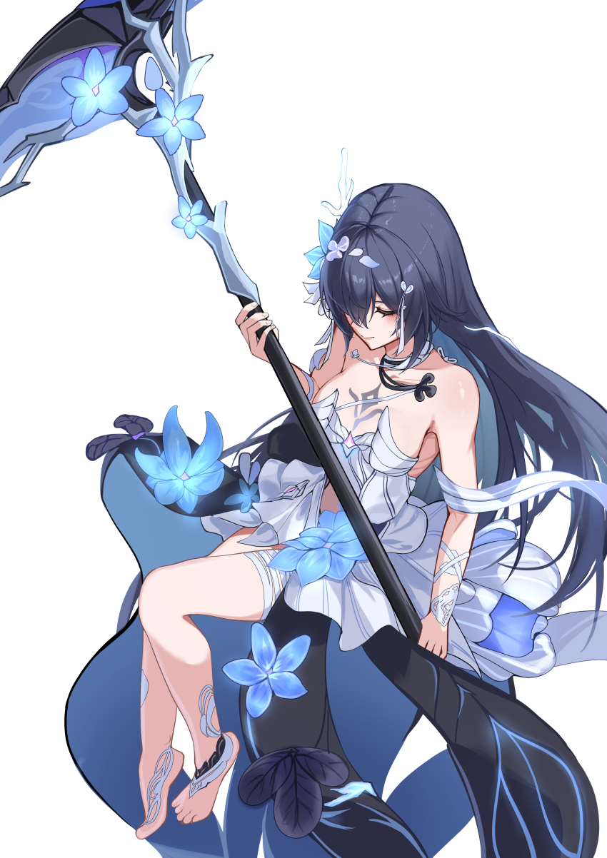 1girl absurdres bare_shoulders barefoot black_hair blue_flower blue_hair breasts chest_tattoo closed_eyes closed_mouth commentary_request dress feet flower from_above hair_flower hair_ornament highres holding holding_scythe holding_weapon honkai_(series) honkai_impact_3rd kamishiro_noa long_hair partial_commentary scythe seele_vollerei seele_vollerei_(herrscher_of_rebirth) simple_background small_breasts smile solo tattoo toes very_long_hair weapon white_background white_dress