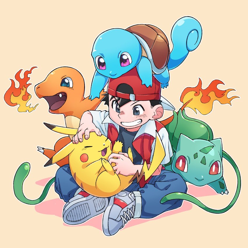 1boy absurdres baseball_cap black_shirt bulbasaur charmander commentary_request creatures_(company) denim fang fire flame-tipped_tail game_freak gen_1_pokemon hands_on_another&#039;s_head hat highres jacket jeans looking_at_another male_focus nintendo on_floor pants pikachu pink_background pokemon pokemon_rgby red_(pokemon) red_jacket shell shirt shoes short_hair short_sleeves simple_background sitting squirtle starter_pokemon_trio teeth tickling tickling_stomach turtle zumi_mimimi