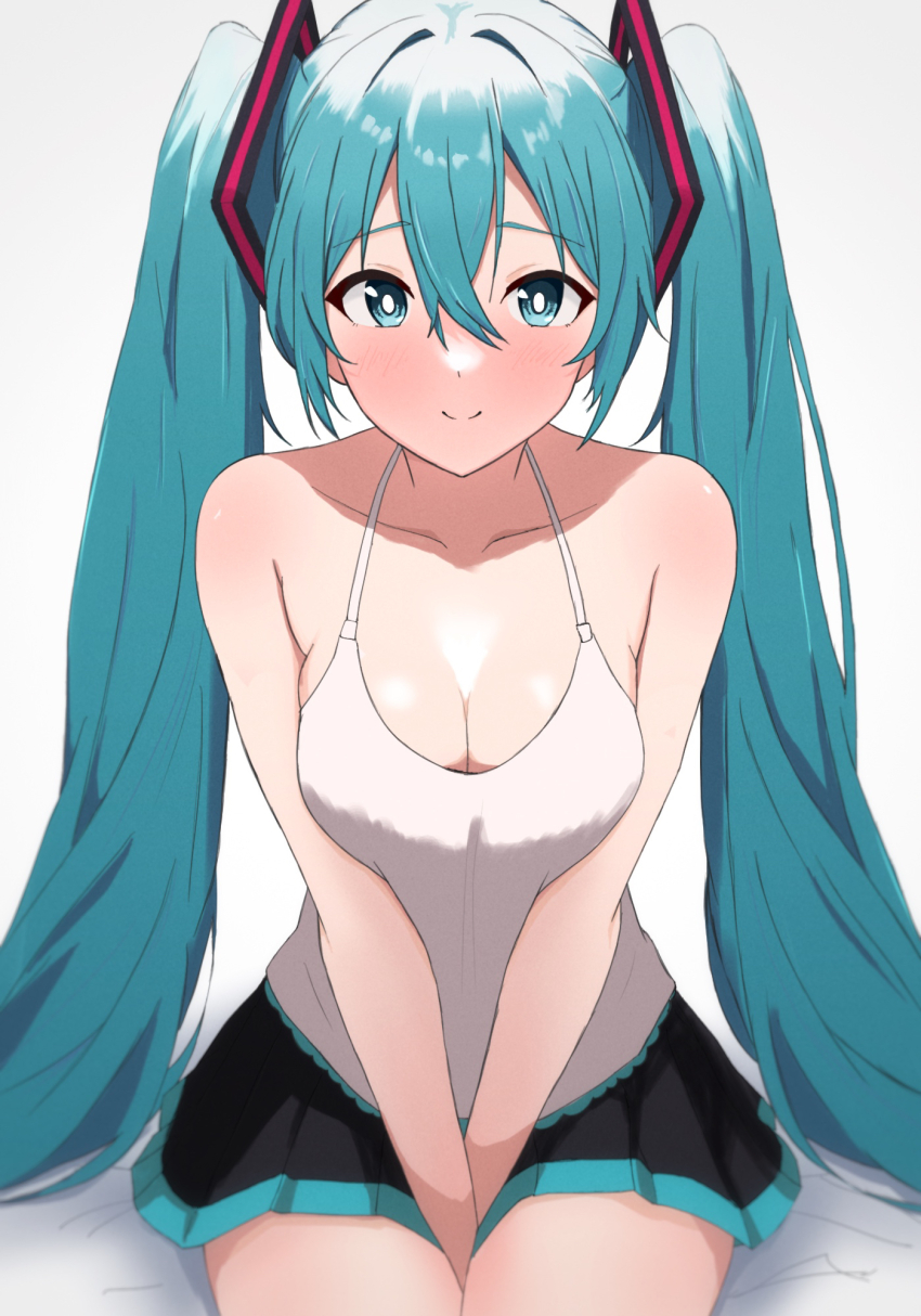 1girl aqua_hair black_skirt blush breasts bright_pupils cleavage closed_mouth collarbone commentary_request hair_between_eyes hair_intakes hatsune_miku highres long_hair pleated_skirt sitting skirt smile solo tank_top tori_no_shigure_ni twintails very_long_hair vocaloid white_pupils white_tank_top