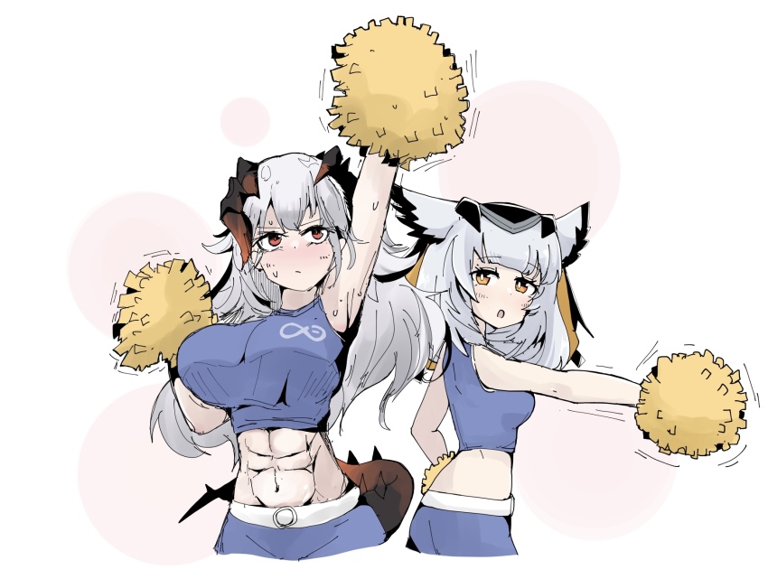 2girls alternate_costume arknights cheerleader heka=ton highres multiple_girls pom_pom_(cheerleading) ptilopsis_(arknights) saria_(arknights)