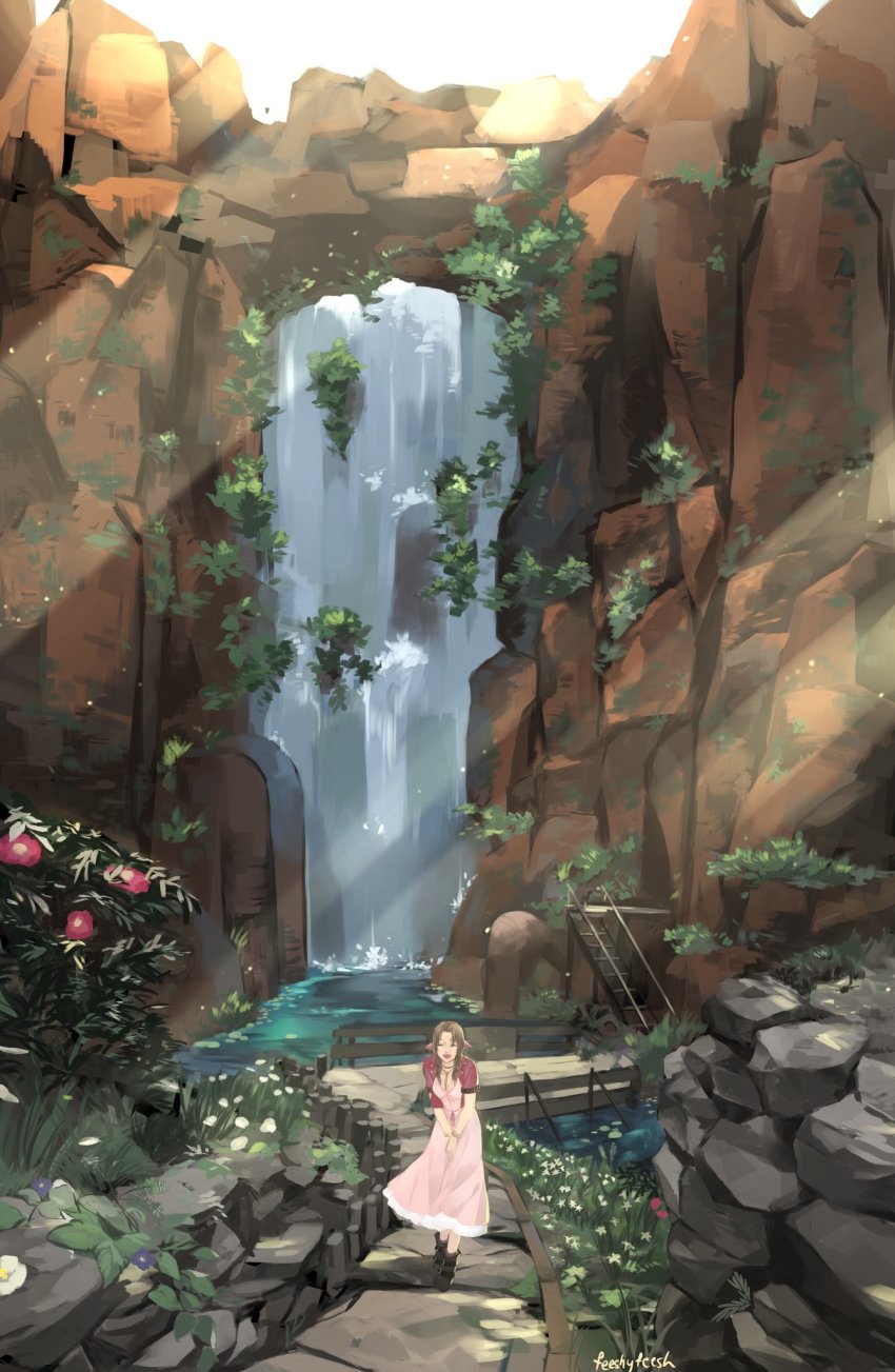 1girl aerith_gainsborough artist_name bangle boots bracelet breasts bridge brown_footwear brown_hair choker cliff closed_eyes cropped_jacket dress facing_viewer ff_feeshtank final_fantasy final_fantasy_vii final_fantasy_vii_remake flower full_body gainsborough_house hair_ribbon highres jacket jewelry leaning_forward long_dress long_hair medium_breasts nature open_mouth outdoors parted_bangs pink_dress pink_ribbon red_jacket ribbon river rock short_sleeves sidelocks slums smile solo square_enix sunlight water waterfall