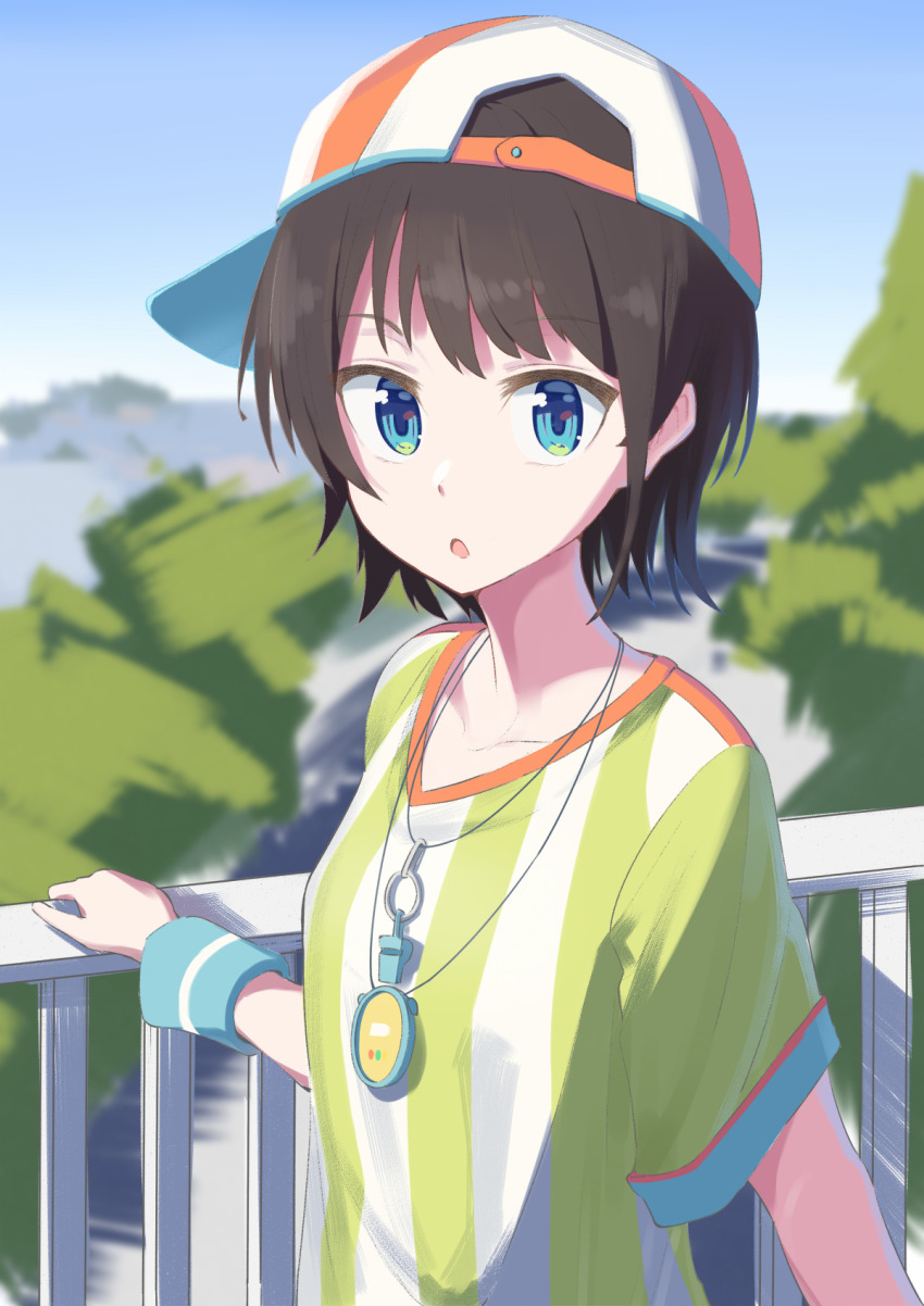 1girl black_hair blue_eyes chestnut_mouth commentary day hat highres hololive looking_at_viewer oozora_subaru oozora_subaru_(1st_costume) outdoors railing senda_nara shirt short_hair sideways_hat solo striped_clothes striped_shirt t-shirt vertical-striped_clothes vertical-striped_shirt virtual_youtuber whistle whistle_around_neck wristband