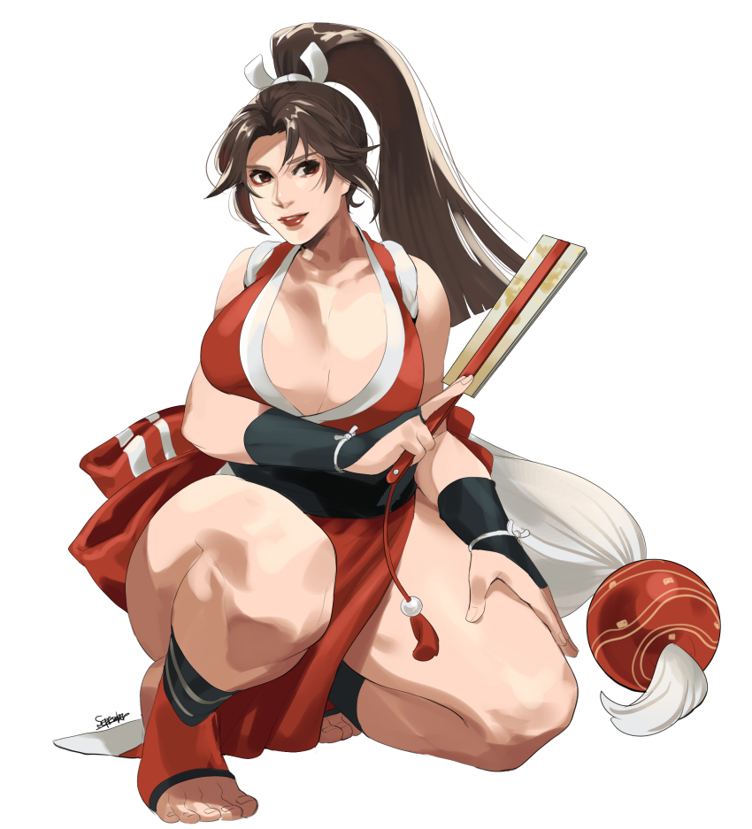 1girl breasts brown_eyes brown_hair fatal_fury gloves japanese_clothes large_breasts long_hair ponytail shiranui_mai the_king_of_fighters thick_thighs thighs wide_hips