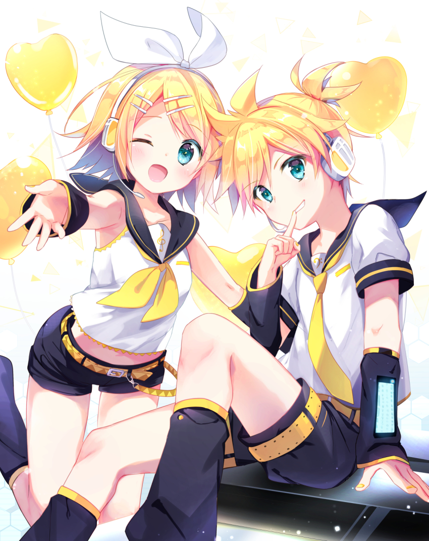 1boy 1girl aqua_eyes balloon belt black_shorts blonde_hair blush brother_and_sister collarbone commentary_request detached_sleeves feet_out_of_frame finger_to_mouth glowing grin hair_ornament hair_ribbon hairclip headphones headset heart_balloon highres index_finger_raised kagamine_len kagamine_rin leg_warmers looking_at_viewer nail_polish neckerchief necktie one_eye_closed outstretched_hand partial_commentary ribbon sailor_collar short_hair shorts siblings sitting smile treble_clef twins vocaloid white_ribbon yellow_belt yellow_nails yellow_neckerchief yellow_necktie yomogi_komegura