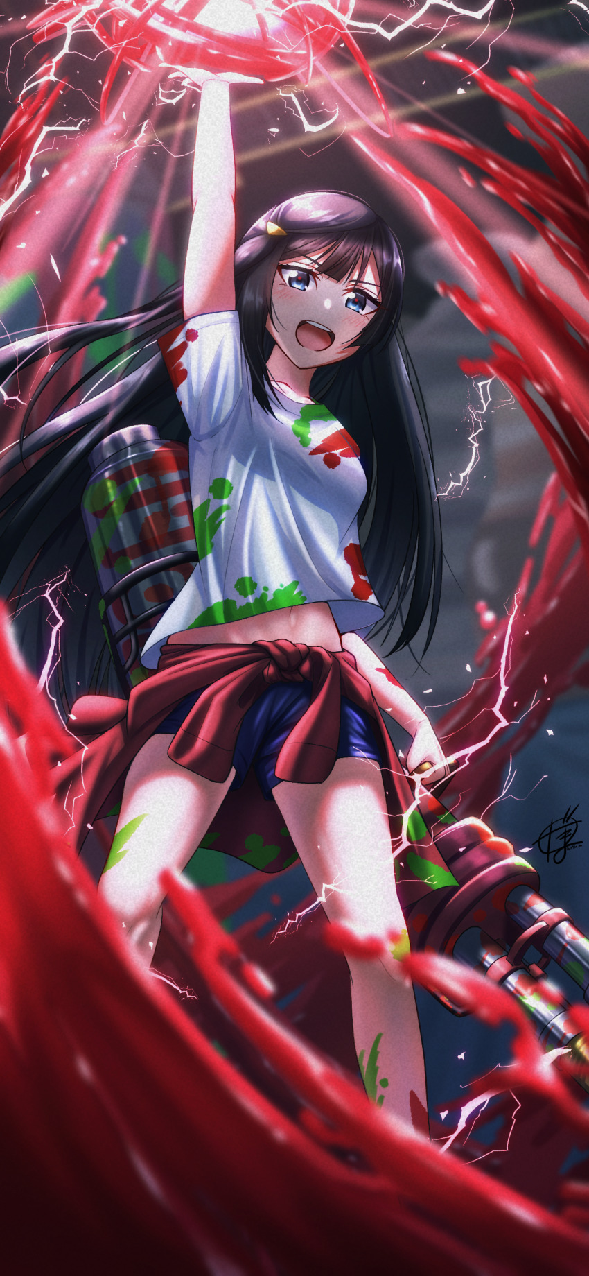 1girl absurdres black_hair booyah_bomb_(splatoon) breasts bright09 cannon clothes_around_waist collarbone commentary electricity energy_ball grey_eyes highres hydra_splatling_(splatoon) jacket jacket_around_waist long_hair looking_at_viewer love_live! love_live!_nijigasaki_high_school_idol_club medium_breasts midriff navel nintendo one_side_up paint shirt short_shorts short_sleeves shorts sidelocks signature smile solo splatoon_(series) splatoon_3 yuki_setsuna