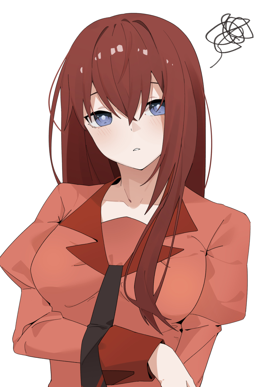 1girl absurdres arril100 bakemonogatari black_necktie blue_eyes blush breasts brown_hair collarbone collared_shirt cosplay crossed_bangs eyelashes highres juliet_sleeves long_hair long_sleeves looking_at_viewer makise_kurisu medium_breasts monogatari_(series) naoetsu_high_school_uniform necktie parted_lips pink_shirt puffy_sleeves school_uniform senjougahara_hitagi senjougahara_hitagi_(cosplay) shadow shirt simple_background solo steins;gate upper_body white_background