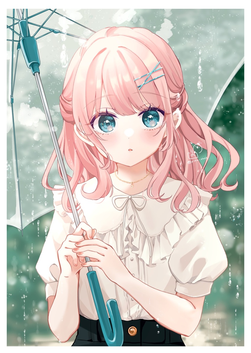 1girl aqua_eyes black_pants blurry blurry_background border chain chain_necklace crescent crescent_necklace dot_nose frilled_shirt_collar frills hair_ornament highres holding holding_umbrella jewelry long_hair neck_ribbon necklace open_mouth original pants pink_hair puffy_short_sleeves puffy_sleeves rain ribbon rino_cnc shirt short_sleeves signature solo surprised transparent transparent_umbrella twitter_username umbrella upper_body water_drop white_border white_ribbon white_shirt x_hair_ornament