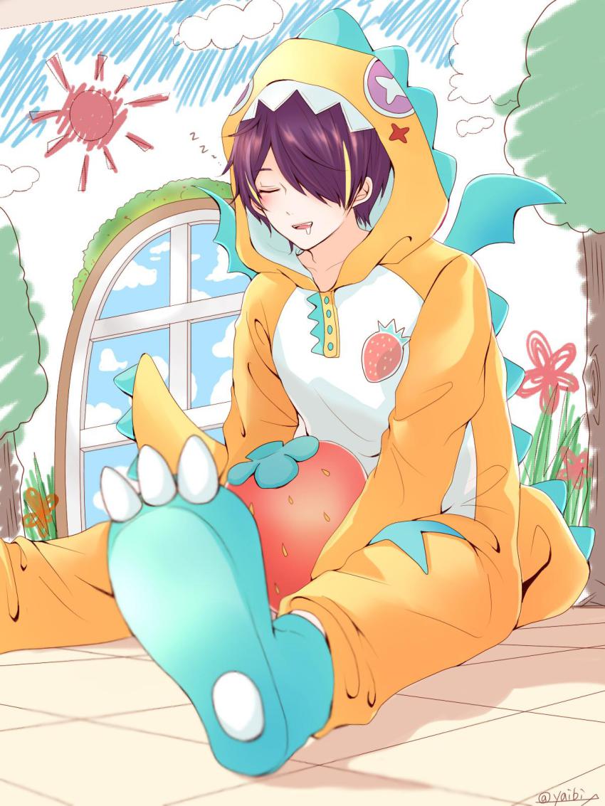 10s 1boy animal_costume bad_id bad_pixiv_id blonde_hair dragon_costume drooling ensemble_stars! closed_eyes full_body hair_over_one_eye highres male_focus multicolored_hair purple_hair saliva sengoku_shinobu short_hair sleeping solo yaibi zzz