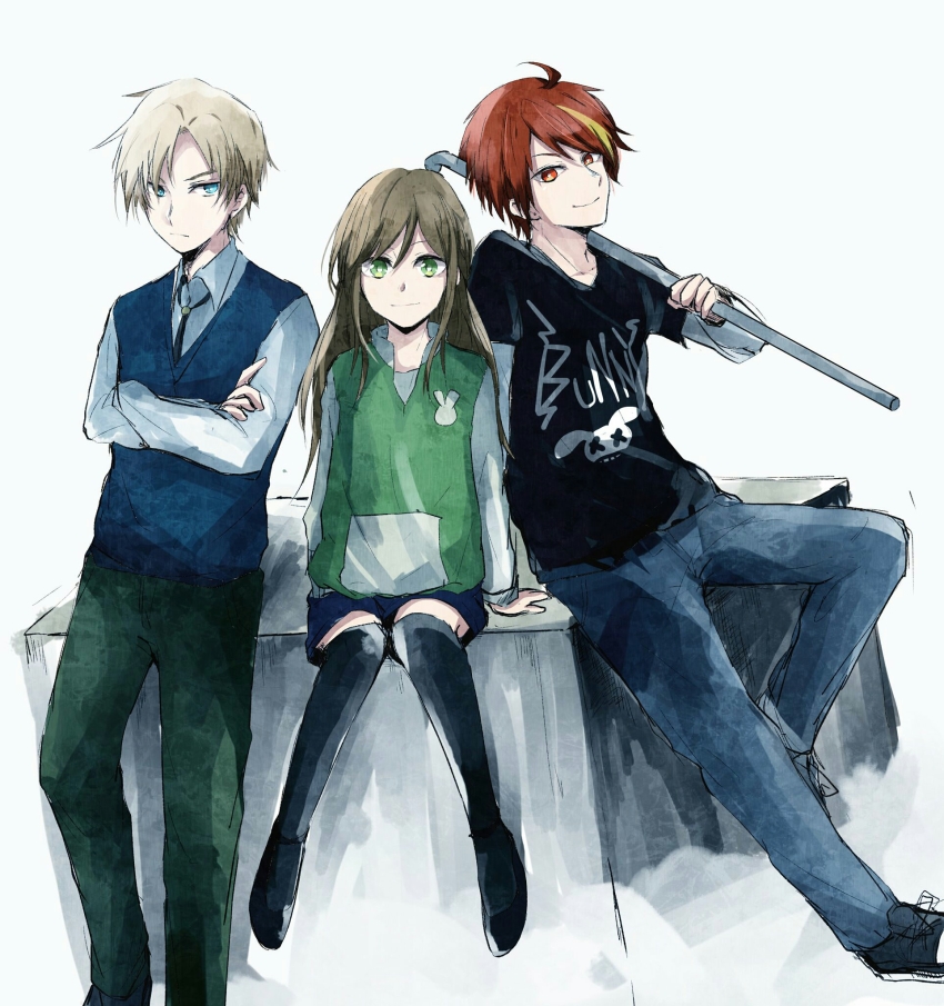 1girl 2boys amatsuka_yui asadoke_no_majo blonde_hair blue_eyes blue_sweater_vest brown_hair charlotte_(asadoke_no_majo) crossed_arms green_eyes green_jacket highres holding holding_lead_pipe jacket layered_sleeves lead_pipe long_hair long_sleeves multiple_boys necktie noaaa723 nogi_shuichi red_eyes red_hair short_hair short_over_long_sleeves short_sleeves shorts smile sweater_vest thighhighs