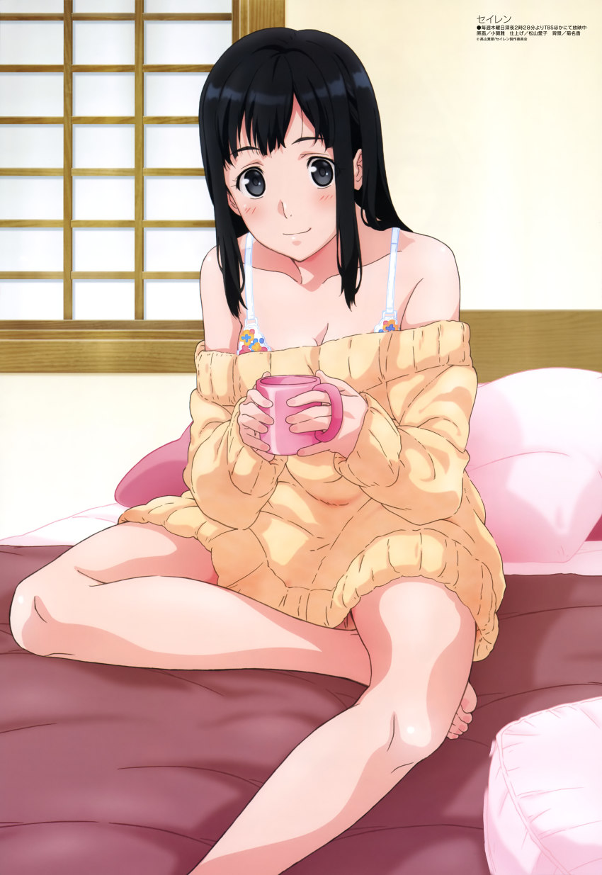 10s 1girl absurdres barefoot bed black_eyes black_hair bra breasts cleavage collarbone copyright_name dress feet female_focus highres holding indoors long_hair looking_at_viewer medium_breasts megami_magazine off_shoulder official_art ozeki_miyabi pillow seiren smile solo sweater sweater_dress toes touno_kyouko underwear window yellow_sweater