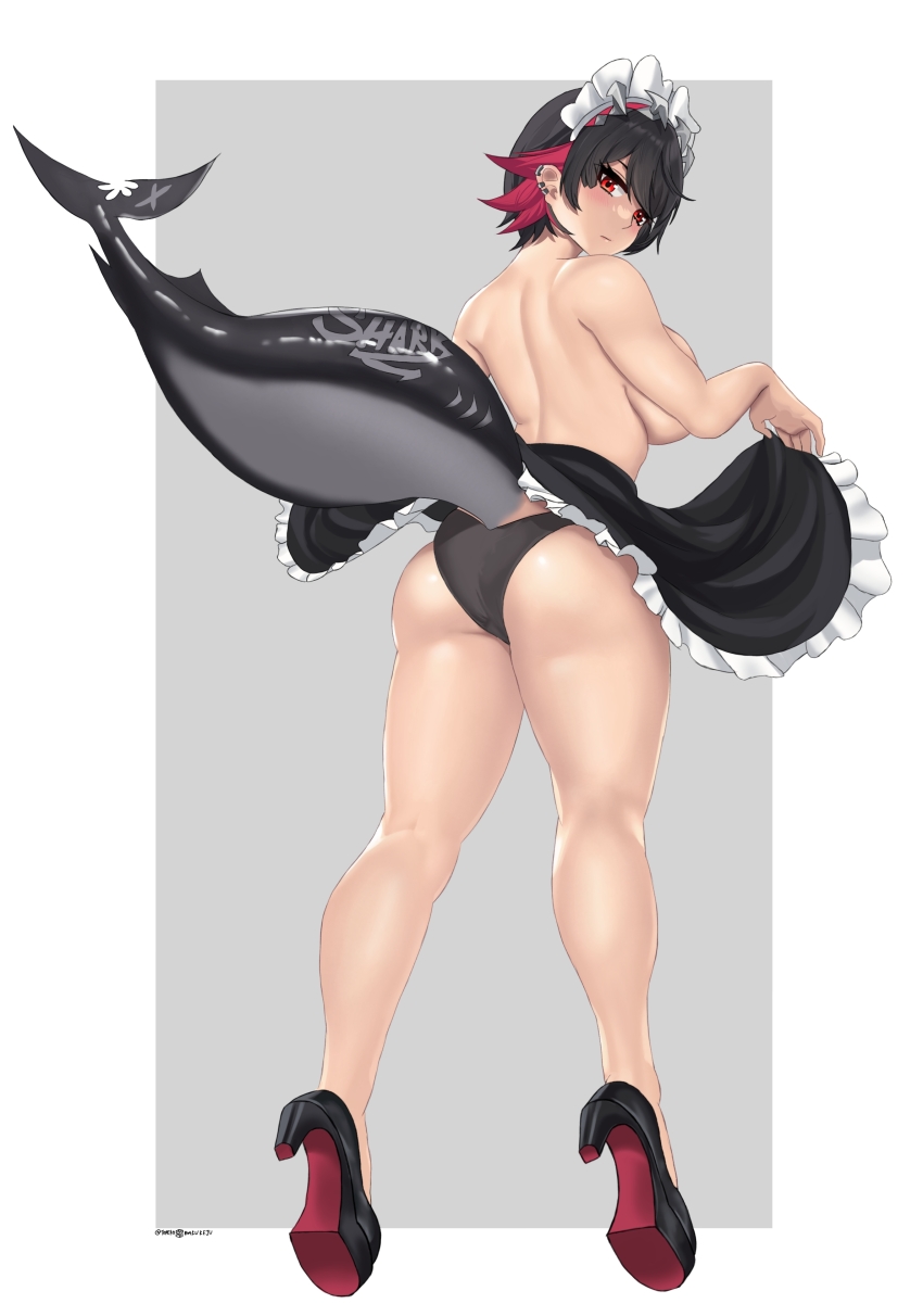 1girl absurdres ass black_footwear black_hair black_panties black_skirt breasts colored_inner_hair convenient_arm ellen_joe fins fish_tail high_heels highres large_breasts maid_headdress multicolored_hair panties red_eyes red_hair shark_tail short_hair skirt skirt_hold solo tail thighs topeko_pekoni topless underwear zenless_zone_zero