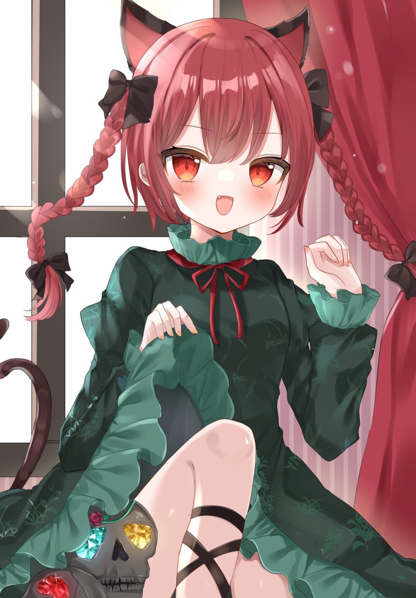 1girl animal_ears black_bow bow braid cat_ears cat_tail curtains dress frills green_dress hair_bow highres kaenbyou_rin leg_ribbon long_hair long_sleeves multiple_tails nail_polish okome2028 red_eyes red_hair red_nails ribbon solo tail touhou twin_braids two_tails