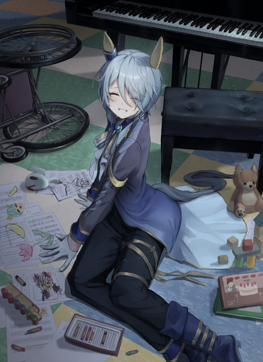 1girl absurdres animal_ears black_footwear blue_hair blue_jacket boots bow closed_eyes closed_mouth crayon ear_covers ear_ornament facing_viewer feet_out_of_frame grand_piano grin hair_between_eyes highres horse_ears horse_girl horse_tail instrument jacket k.s.miracle_(umamusume) light_blue_hair long_sleeves on_ground pants piano piano_bench sheet_music short_hair sitting smile solo tail toy tsujiya_okuyasu umamusume wheelchair white_bow wooden_floor yokozuwari