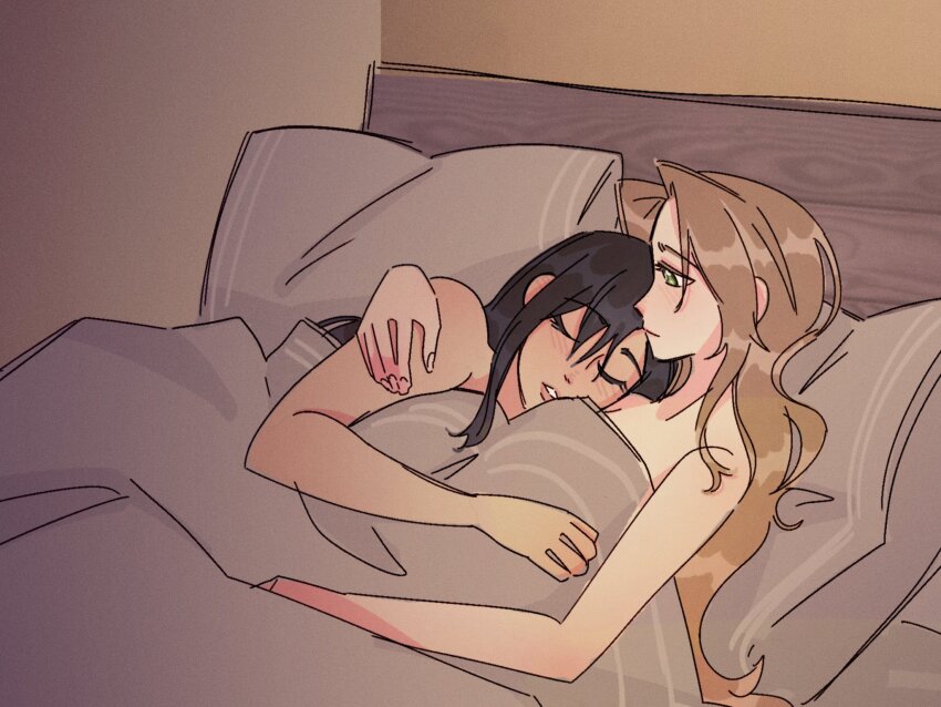 2girls aerith_gainsborough aftersex black_hair brown_hair closed_eyes closed_mouth commentary cuddling english_commentary final_fantasy final_fantasy_vii final_fantasy_vii_remake green_eyes hand_on_another&#039;s_shoulder highres long_hair looking_at_another multiple_girls nude on_bed parted_lips pillow sleeping smile the_keionbu tifa_lockhart under_covers yuri