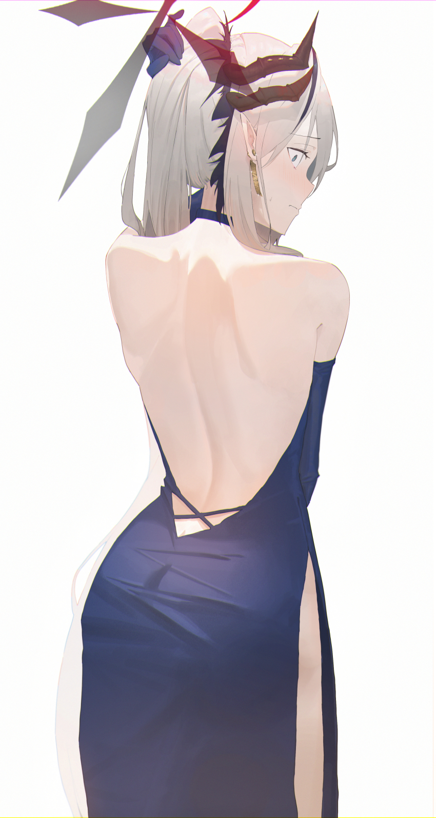 1girl absurdres ass back bare_back bare_shoulders black_halo black_horns blue_archive blue_dress blue_gloves constricted_pupils demon_horns dress earrings elbow_gloves evening_gown gloves gradient_halo gradient_horns grey_hair halo halter_dress halterneck highres horns jewelry long_dress looking_at_viewer makoto_(blue_archive) makoto_(dress)_(blue_archive) multicolored_halo multicolored_horns multiple_horns official_alternate_costume pointy_ears red_halo scared side_slit simple_background solo white_background xiaowei8683651