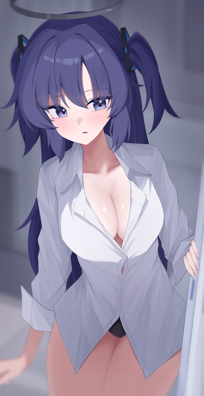 1girl absurdres black_halo black_panties blue_archive blush breasts cleavage collared_shirt halo highres long_hair long_sleeves no_bra open_door panties purple_eyes purple_hair sei_(0724sei6) shirt solo two_side_up underwear white_shirt yuuka_(blue_archive)