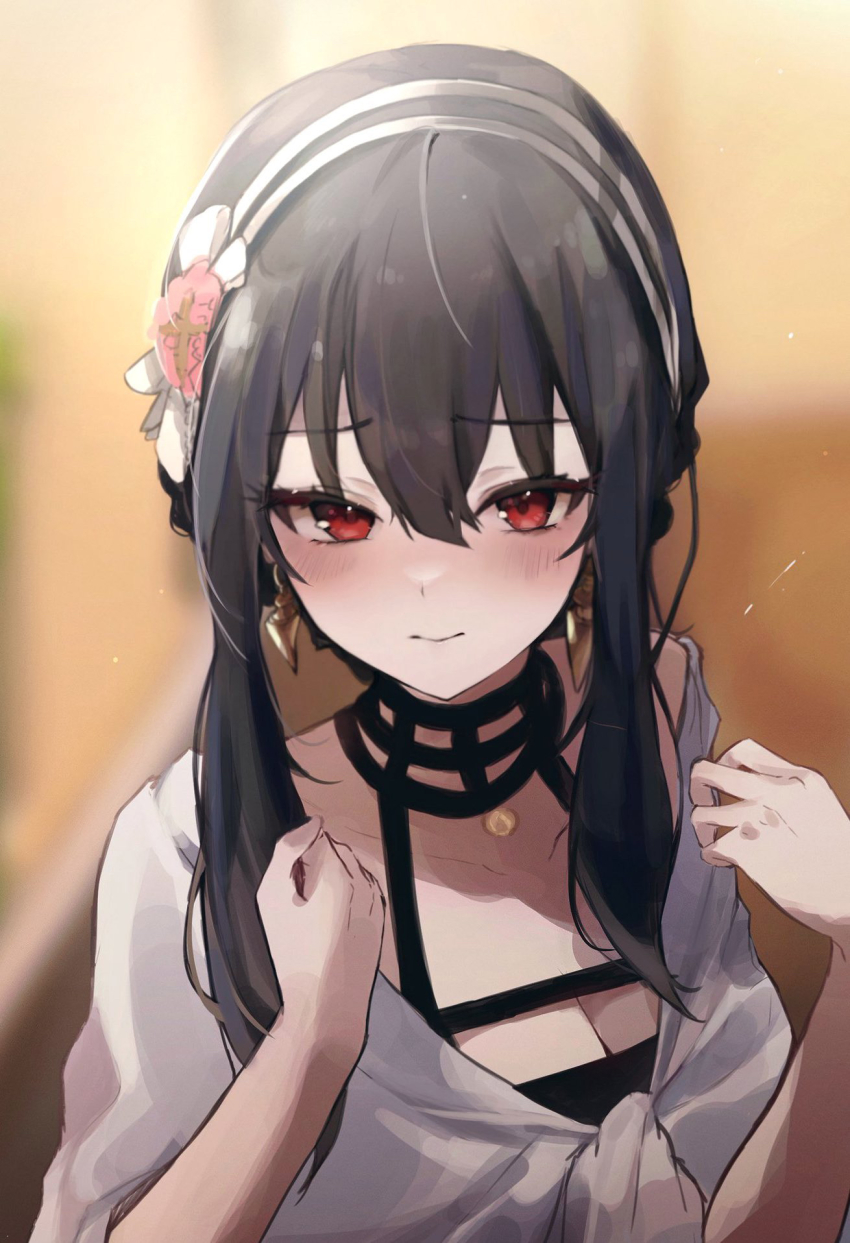 1girl breasts choker cleavage closed_mouth earrings flower hair_flower hair_ornament hairband half-closed_eyes highres hisiya_(wldn1112) jewelry large_breasts looking_at_viewer red_eyes sidelocks spy_x_family upper_body yor_briar