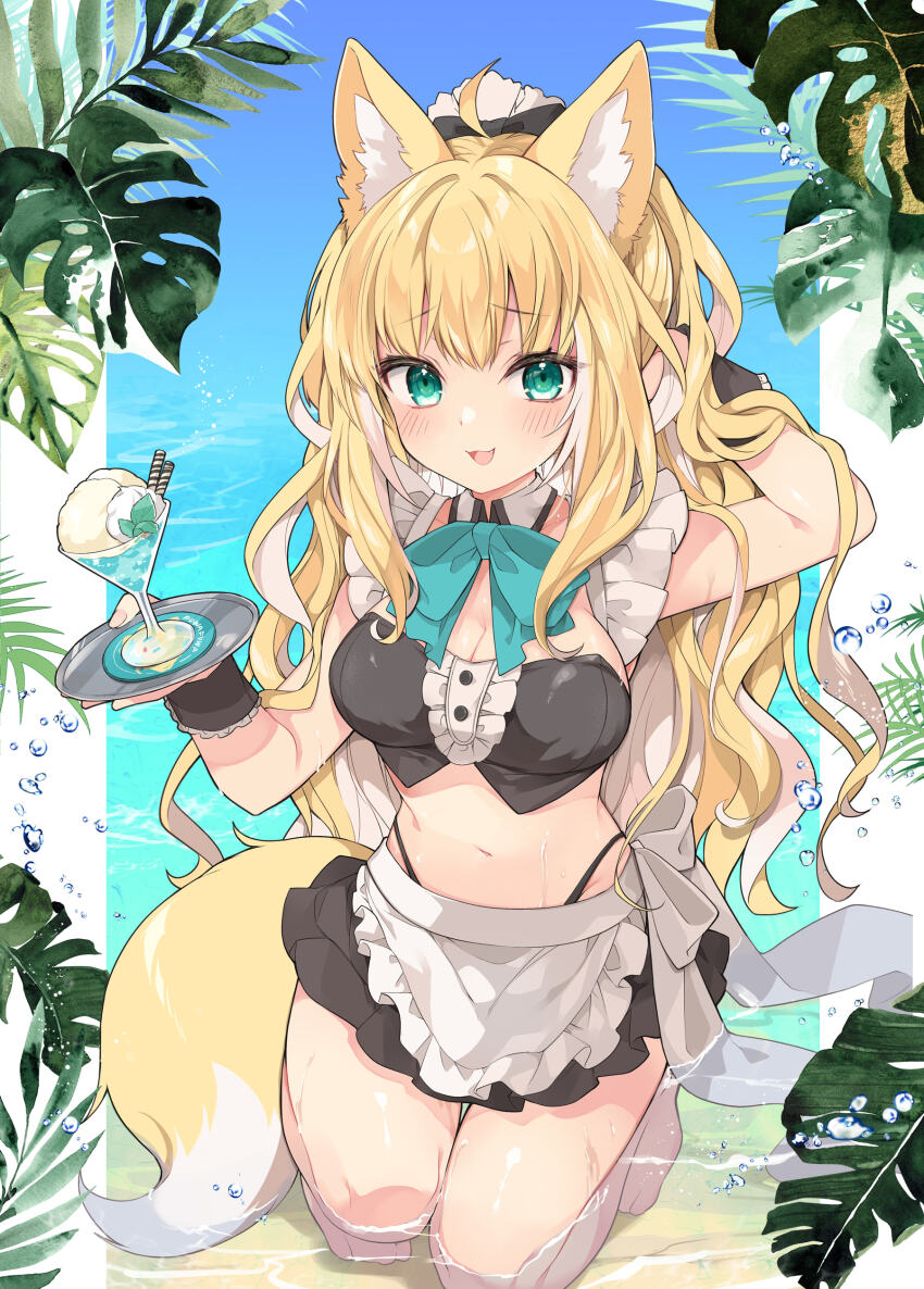 1girl :d absurdres ahoge animal_ear_fluff animal_ears apron arm_up arms_behind_head barefoot beach black_panties black_shirt black_skirt blonde_hair blush breasts cleavage food fox_ears fox_girl fox_tail fuwafuwa-chan_(kamiyoshi_rika) green_eyes hand_in_own_hair highleg highleg_panties highres ice_cream kamiyoshi_rika kneeling large_breasts long_hair looking_at_viewer midriff navel ocean open_mouth original panties partially_submerged ponytail second-party_source shirt skirt smile solo tail thigh_gap thighs underwear very_long_hair waist_apron wet white_apron