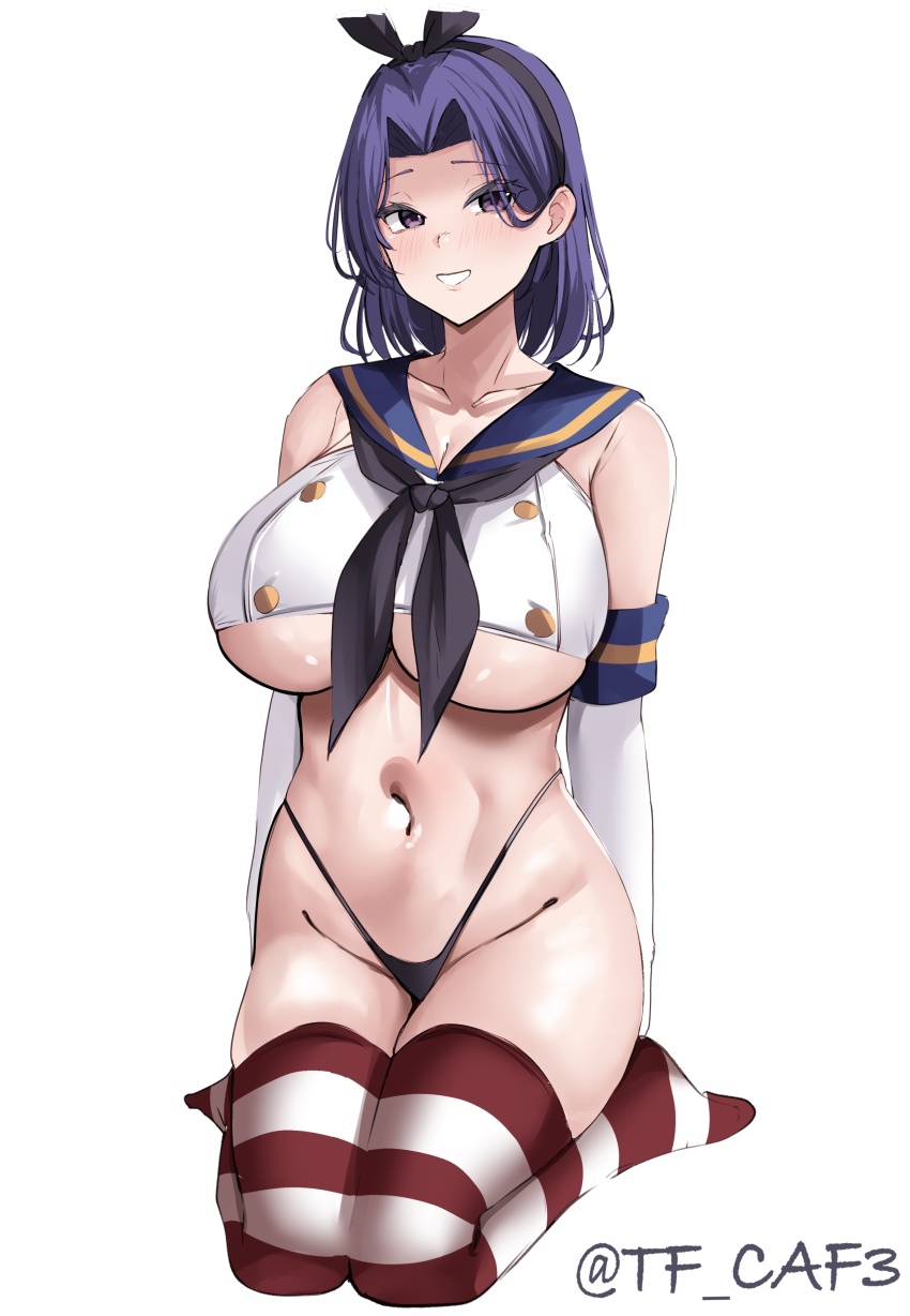 1girl absurdres black_hairband black_neckerchief black_panties blue_sailor_collar blush breasts cosplay crop_top elbow_gloves gloves hairband highleg highleg_panties highres horizontal-striped_thighhighs kantai_collection large_breasts looking_at_viewer neckerchief panties purple_eyes purple_hair sailor_collar shimakaze_(kancolle) shimakaze_(kancolle)_(cosplay) short_hair sitting solo striped_clothes striped_thighhighs tatsuta_(kancolle) tf_cafe thighhighs thong twitter_username underboob underwear white_background white_gloves