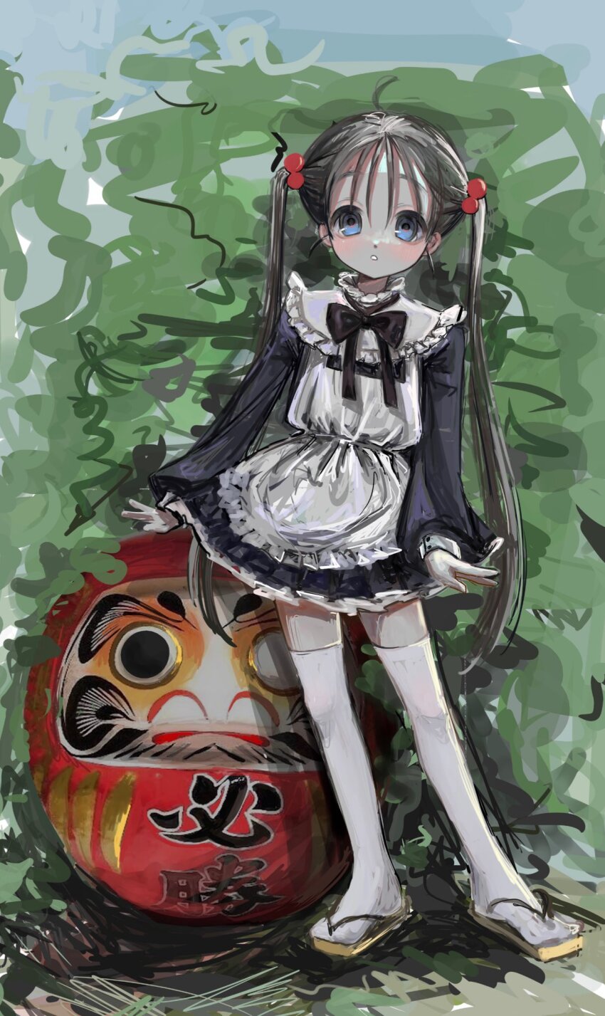 1girl apron bad_id bad_twitter_id black_dress black_hair black_ribbon blue_eyes daruma_doll dress hair_bobbles hair_ornament highres iniooooo long_hair long_sleeves looking_at_viewer neck_ribbon original ribbon sandals solo thighhighs twintails white_apron