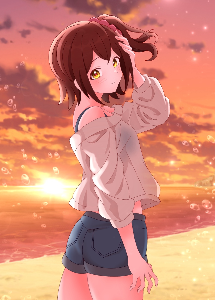 1girl absurdres beach black_bra blush bra bra_visible_through_clothes brown_hair denim denim_shorts hand_on_own_head highres idolmaster idolmaster_million_live! kasuga_mirai light_smile looking_at_viewer looking_to_the_side off-shoulder_shirt off_shoulder one_side_up outdoors raby_vivid shirt shorts solo sunset underwear white_shirt yellow_eyes