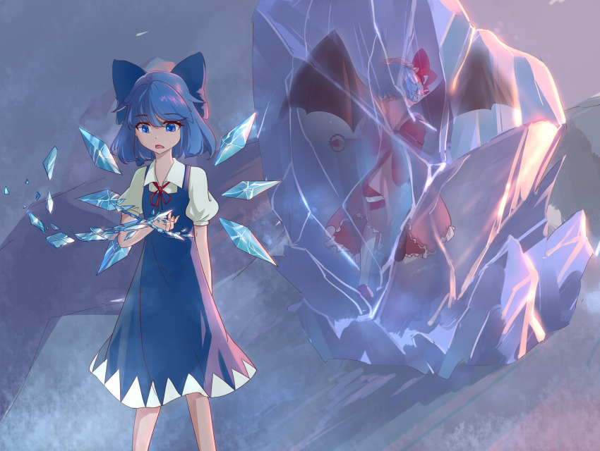 2girls absurdres bat_wings blue_bow blue_dress blue_eyes blue_hair bow breaking chinese_commentary cirno commentary_request crystal_sword dress feet_out_of_frame from_behind frozen gaanzi hair_between_eyes hair_bow hat hat_ribbon highres ice ice_wings mob_cap multiple_girls neck_ribbon open_mouth pinafore_dress pink_dress pink_headwear puffy_short_sleeves puffy_sleeves red_ribbon remilia_scarlet ribbon shirt short_hair short_sleeves sleeveless_dress spear_the_gungnir standing sword touhou weapon white_shirt wings