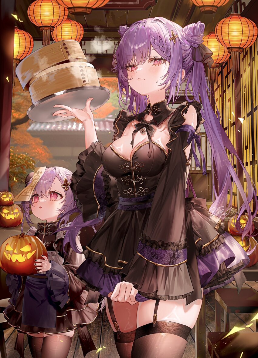 2girls alternate_costume black_dress black_thighhighs braid breasts cleavage cone_hair_bun double_bun dress garter_straps genshin_impact hair_bun hand_up highres keqing_(genshin_impact) lantern long_hair long_sleeves looking_at_viewer multiple_girls outdoors pink_eyes purple_hair qiqi_(genshin_impact) short_hair standing sweat thighhighs twintails utsuhostoria wide_sleeves zettai_ryouiki