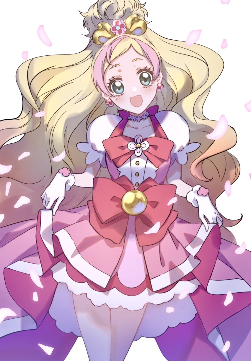 1girl :d blonde_hair bow chexx60 choker clothes_lift cure_flora earrings falling_petals flower flower_brooch flower_earrings flower_necklace frilled_skirt frills gloves go!_princess_precure green_eyes haruno_haruka highres jewelry long_hair magical_girl multicolored_hair necklace open_mouth petals pink_bow pink_hair pink_skirt precure puffy_sleeves skirt skirt_lift smile streaked_hair two-tone_hair waist_bow waist_brooch white_gloves