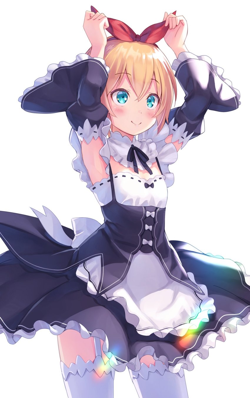 1girl apron black_dress blonde_hair blouse blue_eyes commentary_request cowboy_shot detached_sleeves dress frilled_apron frilled_shirt frilled_thighhighs frills garter_straps hair_between_eyes hair_ribbon highres looking_at_viewer maid na-ga petra_leyte re:zero_kara_hajimeru_isekai_seikatsu ribbon roswaal_mansion_maid_uniform shirt short_hair simple_background smile solo spoilers standing thighhighs waist_apron white_apron white_background white_shirt white_thighhighs