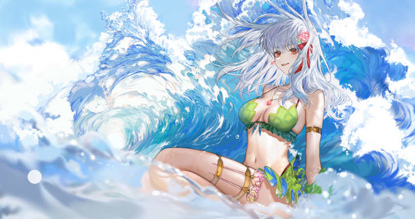 1girl arlizi bikini breasts fate/grand_order fate_(series) flower green_bikini hair_flower hair_ornament hair_ribbon highres jewelry kama_(fate) kama_(swimsuit_avenger)_(fate) kama_(swimsuit_avenger)_(second_ascension)_(fate) large_breasts long_hair navel ocean pendant red_eyes ribbon sitting swimsuit thigh_strap waves white_hair wind