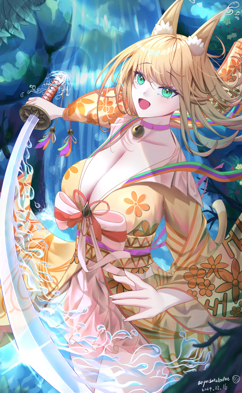 1girl absurdres animal_ear_fluff animal_ears artist_name bell blonde_hair breasts choker cleavage collarbone commentary cowboy_shot dated day eeyoosekedooaat floral_print green_eyes highres holding holding_sword holding_weapon hydrokinesis japanese_clothes jingle_bell kimono large_breasts long_hair long_sleeves looking_at_viewer open_mouth original outdoors pink_choker solo sword water waterfall weapon wide_sleeves yellow_kimono