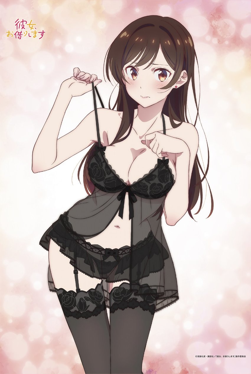 1girl black_panties black_thighhighs breasts brown_eyes brown_hair bubble_background cleavage copyright_name earrings embarrassed floral_print front-tie_bra garter_belt garter_straps highres jewelry kanojo_okarishimasu lingerie long_hair looking_at_viewer mizuhara_chizuru navel negligee official_art panties pink_background see-through_clothes solo thighhighs underwear