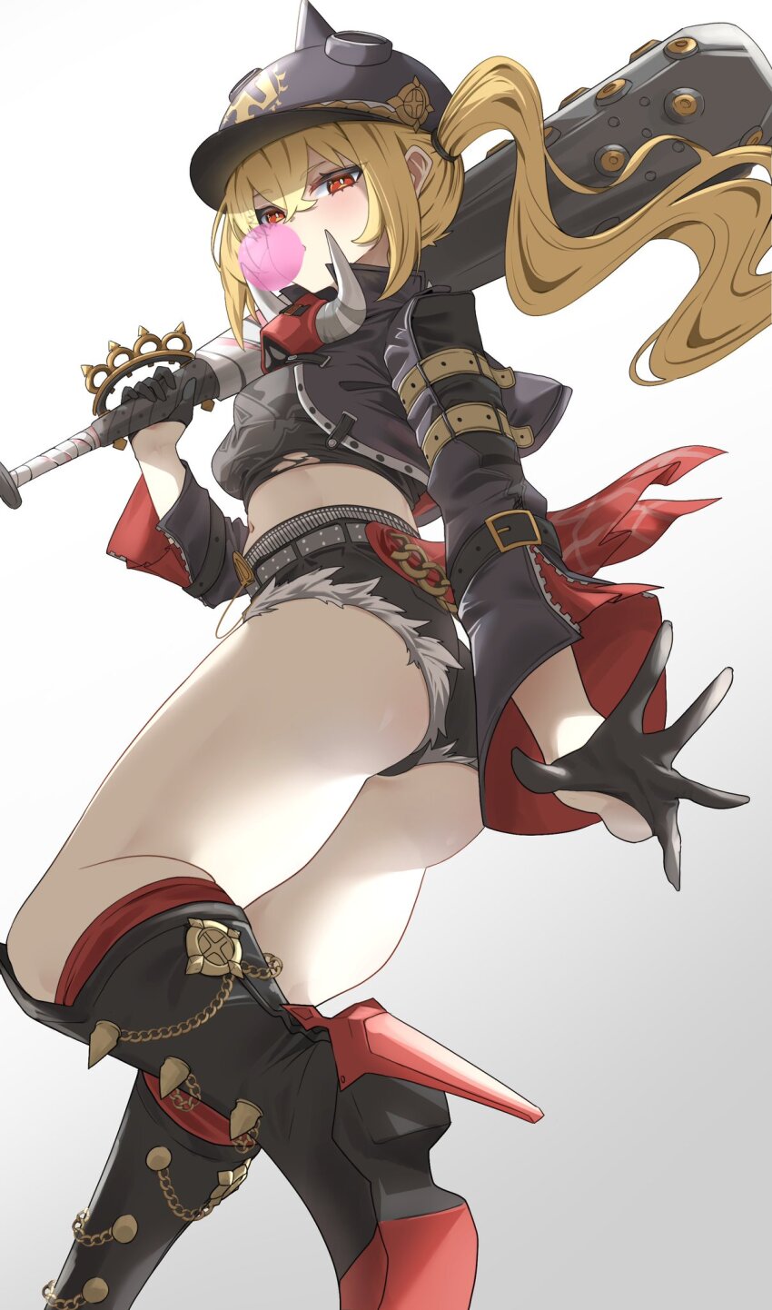 1girl ass blonde_hair boots breasts chewing_gum club_(weapon) from_behind from_below gloves helmet highres jacket luciana_de_montefio miniskirt panties panvyru ponytail red_eyes skirt small_breasts solo thick_thighs thighs underwear upskirt weapon zenless_zone_zero