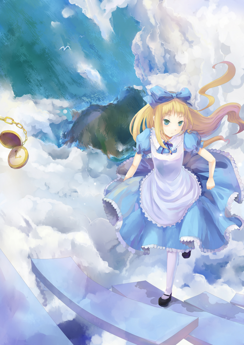 1girl absurdres alice_(alice_in_wonderland) alice_in_wonderland bad_id bad_pixiv_id bird blonde_hair bow chain clock cloud dress female_focus hair_bow highres long_hair pantyhose rifsom sky solo