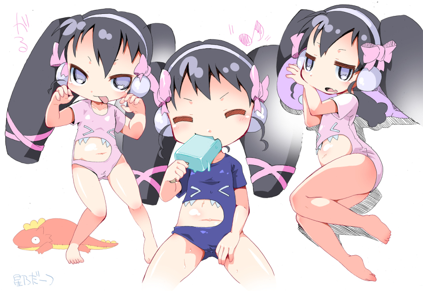 &gt;_&lt; 3girls :p barefoot bow child closed_eyes copyright_request eating eyebrows feet female_focus food hair_bow hair_ornament hoshino_darts ice_cream long_hair long_twintails looking_at_viewer multiple_girls musical_note navel one-piece_swimsuit shadow shiny_skin simple_background standing swimsuit tongue tongue_out twintails white_background