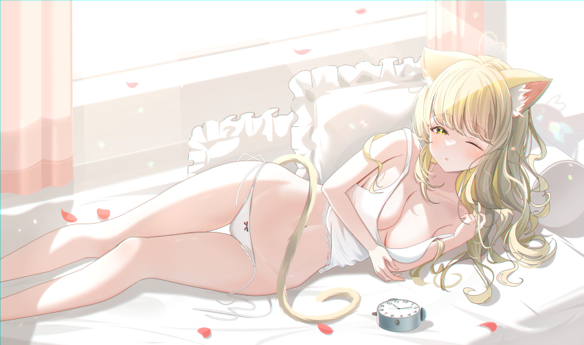 1girl absurdres alarm_clock animal_ear_fluff animal_ears bed bed_sheet blonde_hair blush breasts camisole cat_ears cat_tail clock commentary_request curtains highres long_hair looking_at_viewer lying medium_breasts navel on_side one_eye_closed original panties parted_lips petals pillow sidelocks sikimosh solo tail underwear wavy_hair white_camisole white_panties window yellow_eyes