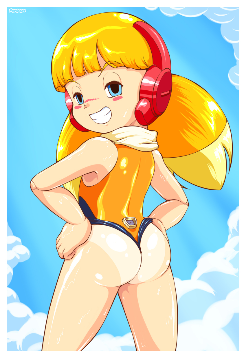 1girl ass bad_id bad_pixiv_id blonde_hair blue_eyes blunt_bangs border call_(mighty_no._9) call_h competition_swimsuit female_focus from_behind grin highres joints long_hair looking_back low_twintails mighty_no._9 multicolored_hair naughty_face one-piece_swimsuit pepipopo robot_ears robot_joints scarf smile solo swimsuit twintails two-tone_hair wedgie wet