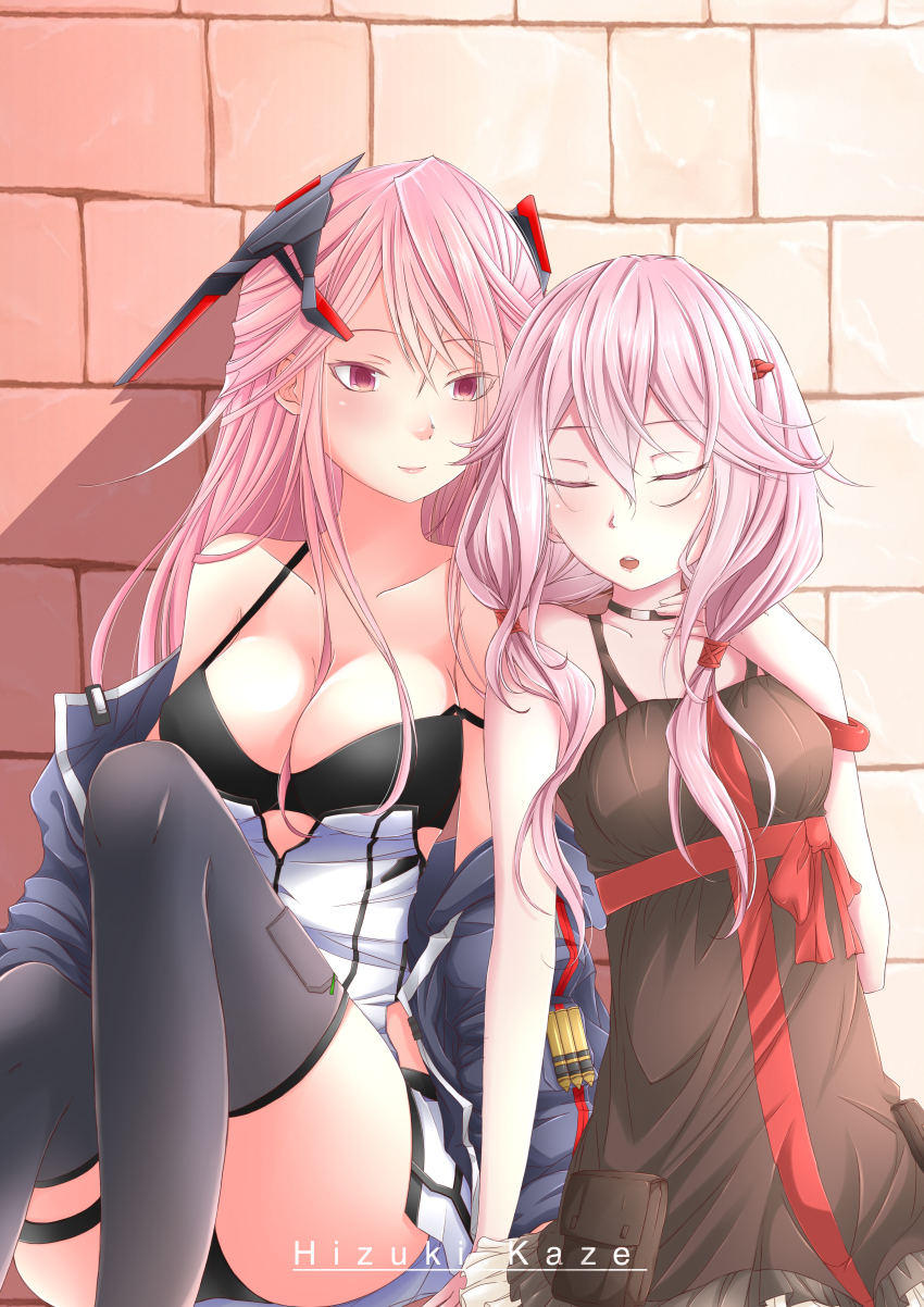 2girls :o absurdres artist_name bare_shoulders black_bra black_choker black_dress black_thighhighs blue_jacket blush bra bra_strap breasts choker cleavage closed_eyes closed_mouth clothes_pull collarbone dress feet_out_of_frame girls&#039;_frontline guilty_crown hair_ornament hairclip hand_on_own_chest highres hizuki.kaze jacket jacket_pull long_hair looking_at_another m82a1_(girls&#039;_frontline) medium_breasts multiple_girls on_floor open_clothes open_jacket open_mouth parted_lips pink_hair purple_eyes smile thighhighs thighs underwear wall yuri yuzuriha_inori