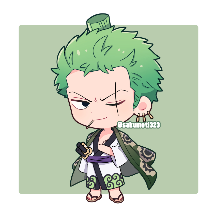 1boy absurdres artist_name black_eyes border chibi chibi_only cigar closed_mouth cloud_print coat coat_on_shoulders full_body green_background green_hair highres japanese_clothes kimono long_sleeves male_focus one_eye_closed one_piece outside_border roronoa_zoro round_border sakumoti323 sandals scar scar_across_eye short_hair solo standing twitter_username white_border white_kimono wide_sleeves