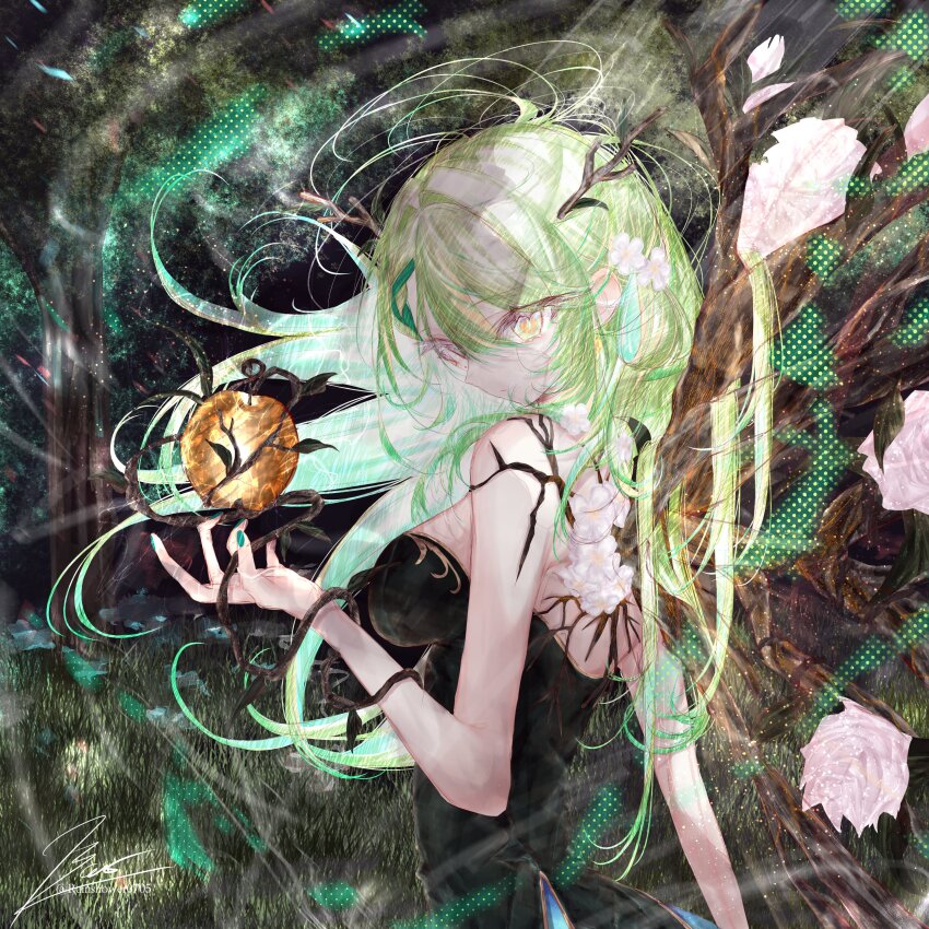 1girl absurdres antlers apple black_dress braid braided_bangs branch breasts ceres_fauna commentary dress english_commentary flower food forest fruit golden_apple green_hair green_nails hair_branch hair_flower hair_ornament highres hololive hololive_english horns large_breasts light_rays long_hair looking_at_viewer nature pink_flower pink_rose rainshower0705 rose scenery signature solo tree tree_horns virtual_youtuber yellow_eyes